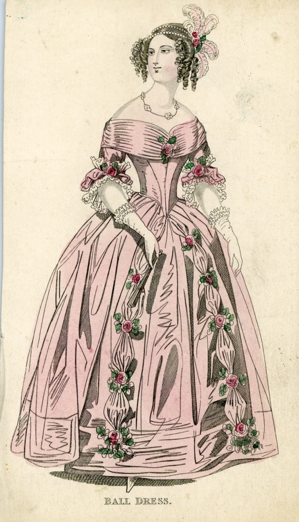 A drawing of a woman in a very elaborate pink dress with a large skirt, white gloves and floral embellishments. She's wearing a necklace and her hair is tightly curled with a feather headdress.
