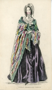 A drawing of a woman in a long dress, bonnet style hat and shawl