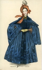 A drawing of a woman in an orange bonnet style hat and an extravagant and large blue overcoat
