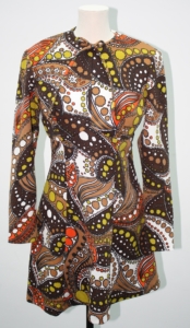 A brown psychedelic print dress on a mannequin