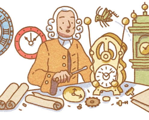 Illustration of John Harrison the clockmaker and different clocks around him