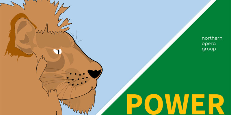 An illustrated lion against a pale blue background with the word 'power' written on a green background