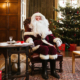 Father Christmas sat at a table in front of a Christmas tree in Temple Newsam House