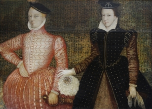 An oil painting portrait of Lord Darnley and Mary Queen of Scots. Mary is wearing black and has her hand on Darnley's arm. Darnley is wearing red, and has red hair under his cap and feather.