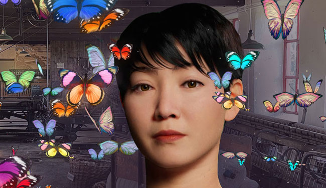 A woman is surrounded by animated butterflies in an industrial setting