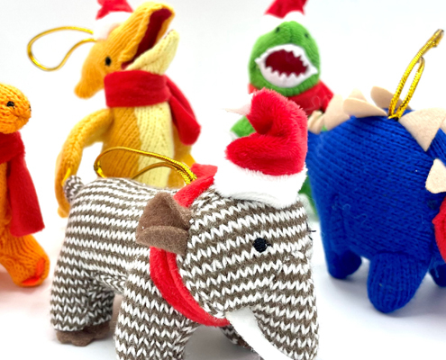 knitted dinosaur christmas decorations