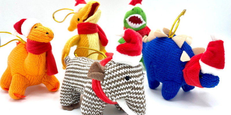 Knitted dinosaur Christmas decorations