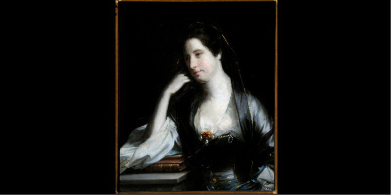 A painting of Frances, Lady Irwin by Joshua Reynolds. She is leaning her elbow on a book and looking into the distance.