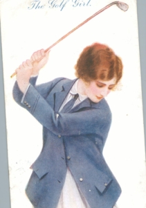Postcard with an illustration of a female golfer. The caption reads: The Golf Girl