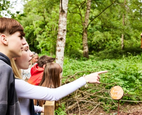 Two teenagers pointing at wildlife in the wood at Thwaite, with a bird box in the background