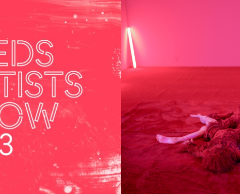 On left is the Leeds Artists Show logo and on the right an image of dance performers in a space lit with pink light