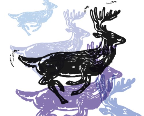 Black, blue, and purple reindeer printed onto a white background