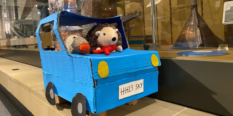 Two cuddly toy hedgehogs inside a little blue painted car made from cardboard