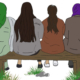 Illustration of the back of four women from the British Bangladeshi community sat on a bench outdoors