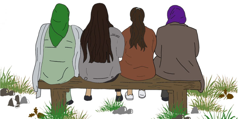 Illustration of the back of four women from the British Bangladeshi community sat on a bench outdoors