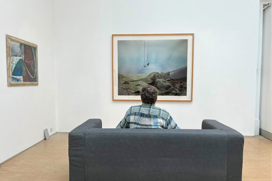 Aman wearing a check shirt sits on a grey sofa looking at a framed landscape photograph in a gallery