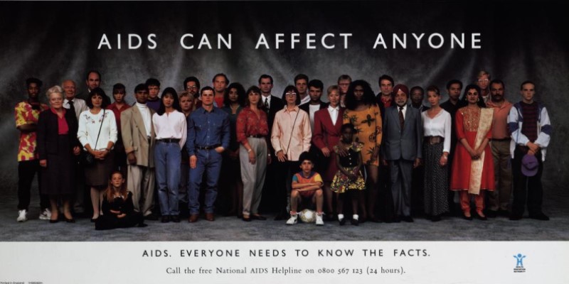 Poster showing a crows of people with text: AIDS can affect anyone.