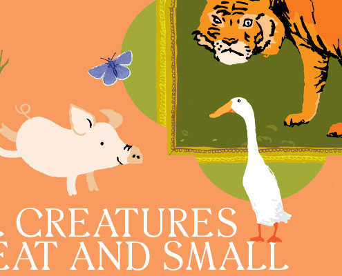 An illustration of animals including a tiger, pig, butterfly and duck used to promote All Creatures Great and Small at Temple Newsam