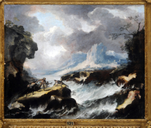 painting of rocky coastline with big waves and figures on a rock