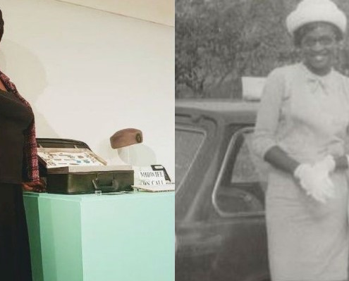 On the right a black and white photograph of gloria hanley as a young woman, and on the left a colour photograph of her with her display in the migration exhibition at leeds city museum in 2019