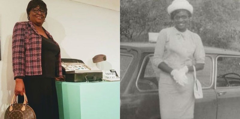 On the right a black and white photograph of gloria hanley as a young woman, and on the left a colour photograph of her with her display in the migration exhibition at leeds city museum in 2019