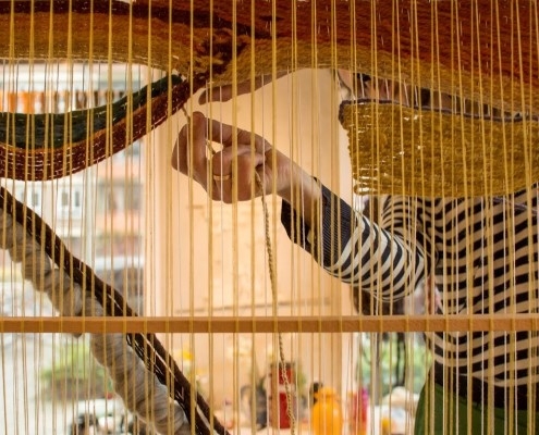 A person weaving on a loom