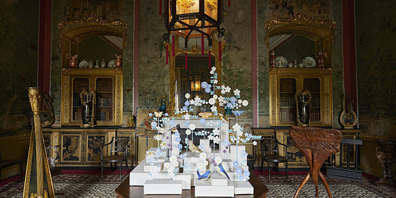 Diana Hererra's paper bird sculptures in the Chinese Drawing Room of Temple Newsam