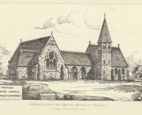 An illustration of a church with the caption: proposed chapels for cemetary, Headingley cum Morley