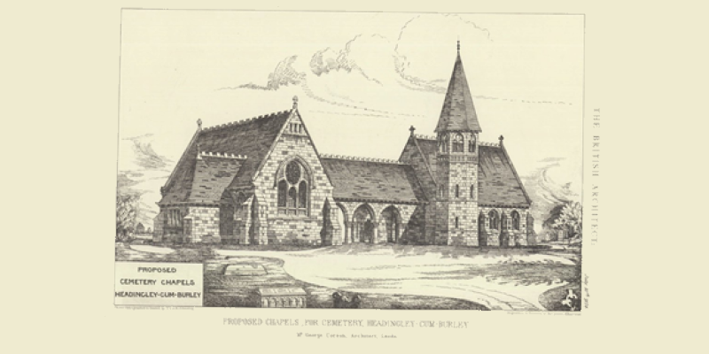 An illustration of a church with the caption: proposed chapels for cemetary, Headingley cum Morley
