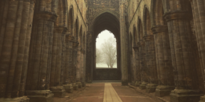 the nave of kirkstall abbey with mist