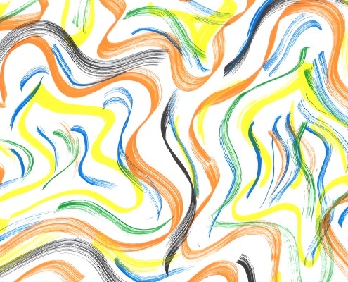 abstract artwork with yellow, orange, blue, green lines