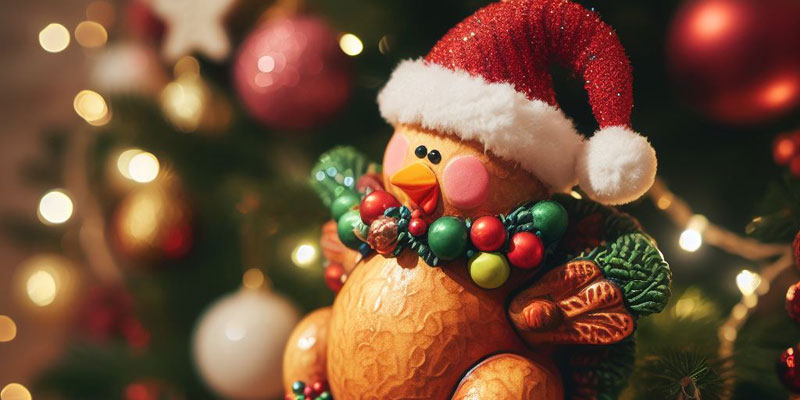 A bauble shaped like a christmas turkey, dressed with baubles and a hat