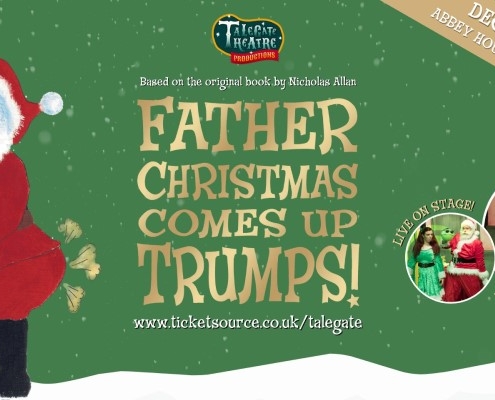 Text reads: father christmas comes up trumps! Based on the original book by Nicholas Allan. Live on stage! Includes a gift for every child!