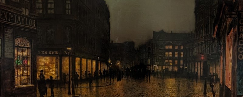 Detail from 'Boar Lane 1881' by John Atkinson Grimshaw, showing a dark street with light from shop fronts reflected on the wet road