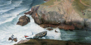 Seascape (Cornwall) an inlet (cove) between rocky headland; aeriel view of a turbulent sea, with action depicted at a distance: semi-wrecked large row-boat which is broken in two and against the rocks in the foreground, (centre) a figure stands on a rock in the sea throwing a life-line to a prostrate figure in the water; another figure, (right) wades out towards the figure in distress; several other figures (3/4) stand on the cliff-edge opposite watching, and four white gulls circle overhead.