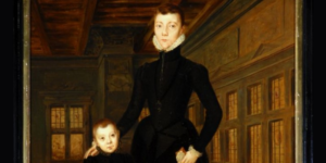 a portrait of two Tudor boys, both wearing black jackets and a ruff