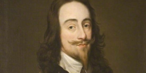 painting of king charles I, a man with long wavy hair and a pointed beard and moustache