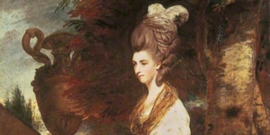 painting of a woman in historical dress. wearing a tall wig with feathers in it