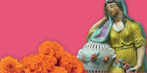 A statue of a woman with an urn set against a pink background and a bottom border of orange marigolds.