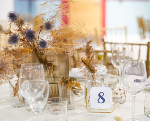 A table with the number 8, glasses and tableware on