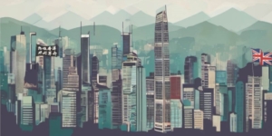 illustration of a cityscape with uk and hong kong flags
