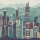 illustration of a cityscape with uk and hong kong flags