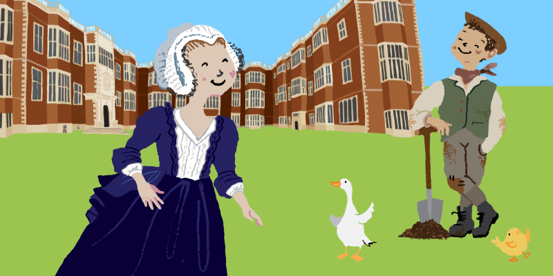 Illustrations of Temple Newsam with a servant, farmhand and farm animals.