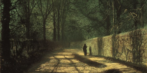 An illustration of an old street with a line of trees on one side, and a wall on the other.