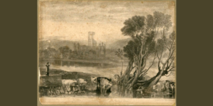 An artist interpretation of River Aire with cattle in the river, with Kirkstall Abbey in the mist behind