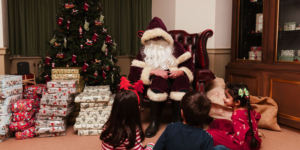 Santa Claus sat in a chair, talking to two children sat on the floor next to a Christmas Tree