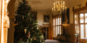 The Great Hall at Temple Newsam with a giant real Christmas Tree.