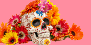 decorated skull with different coloured flowers